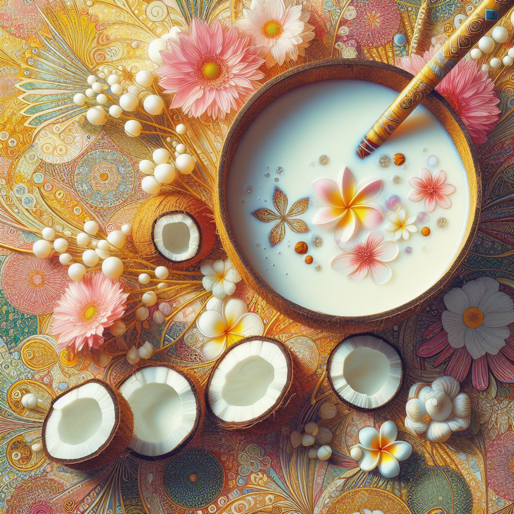 Open Coconuts with Bowl of Coconut Milk